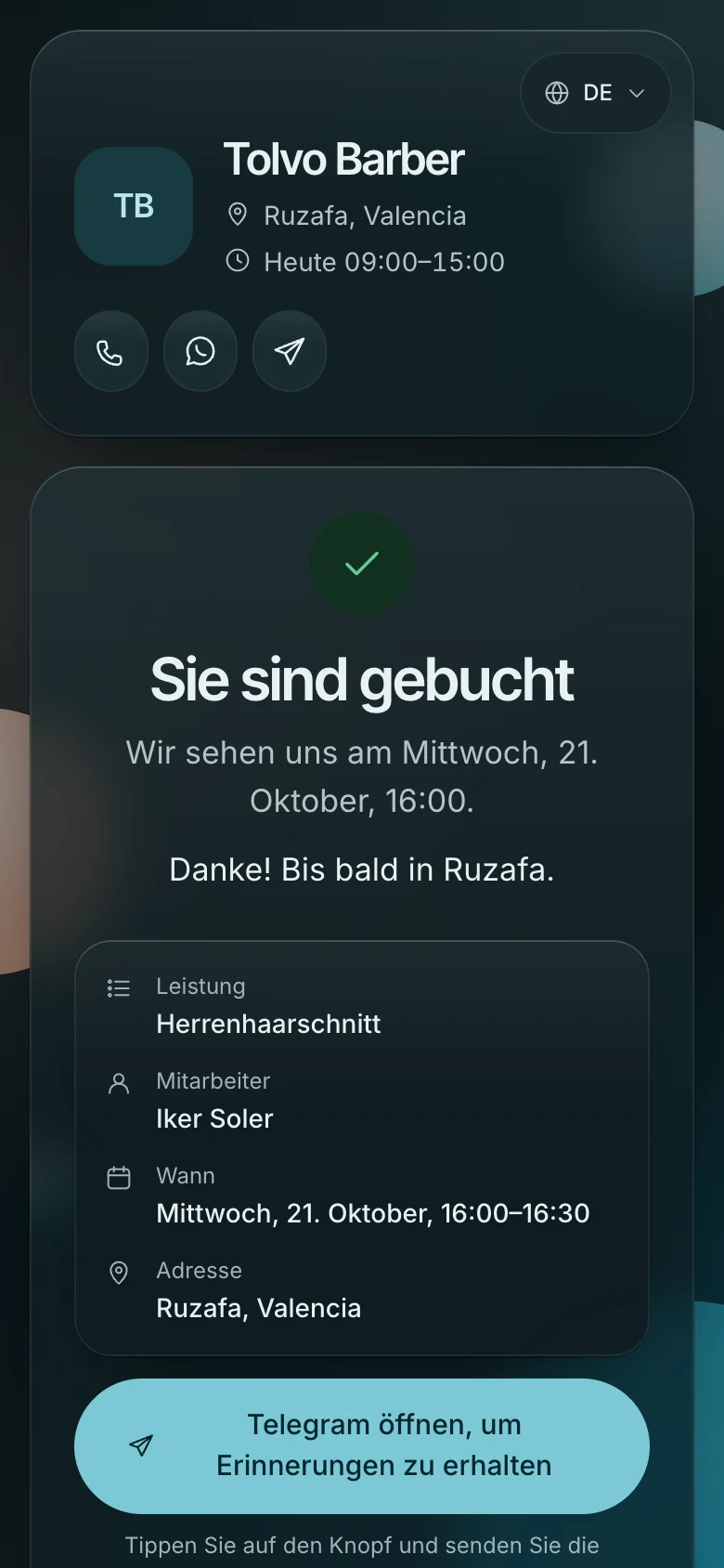 Der Bildschirm „Sie sind gebucht“: Leistung, Barbier, Uhrzeit, Adresse und ein Button für Erinnerungen per Telegram