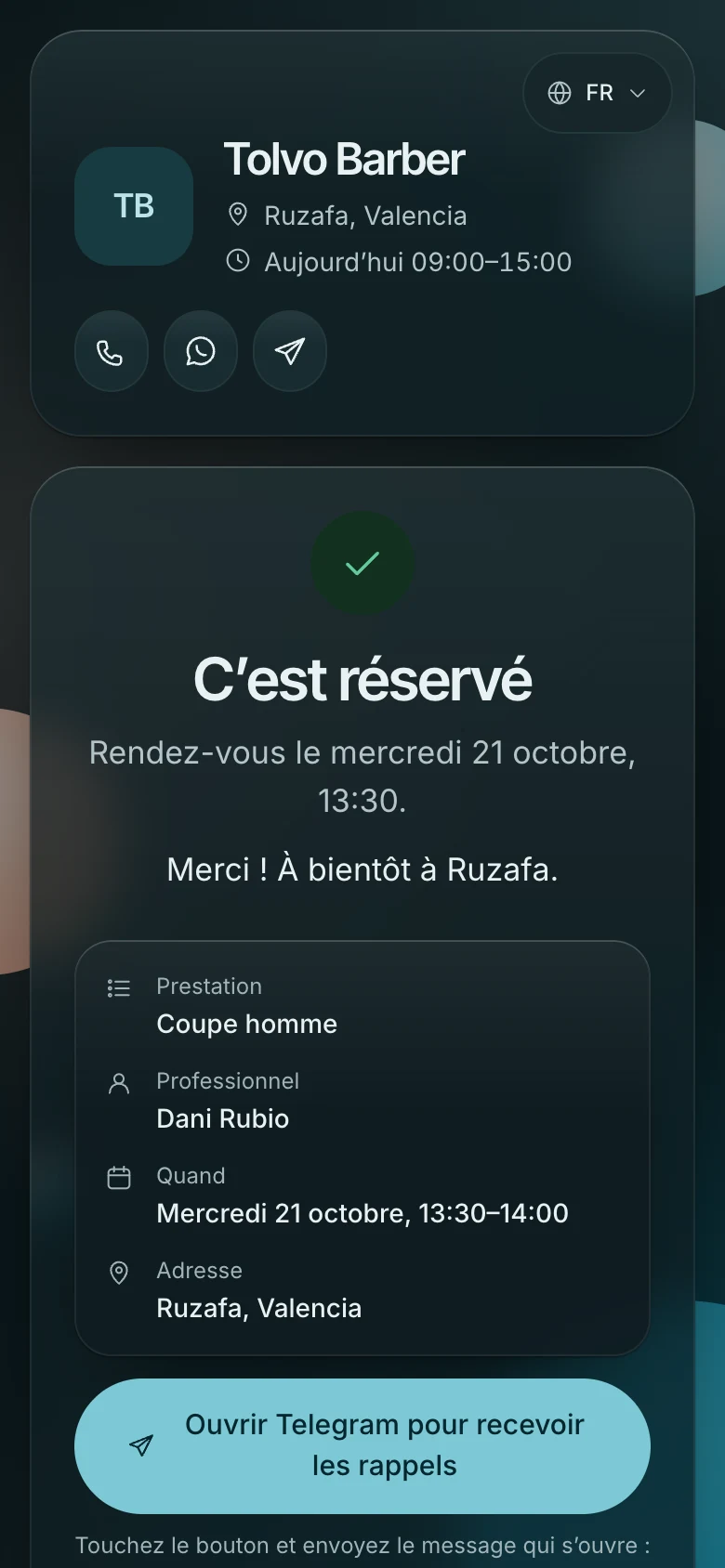 L’écran « C’est réservé » : prestation, barbier, heure, adresse et un bouton pour les rappels sur Telegram