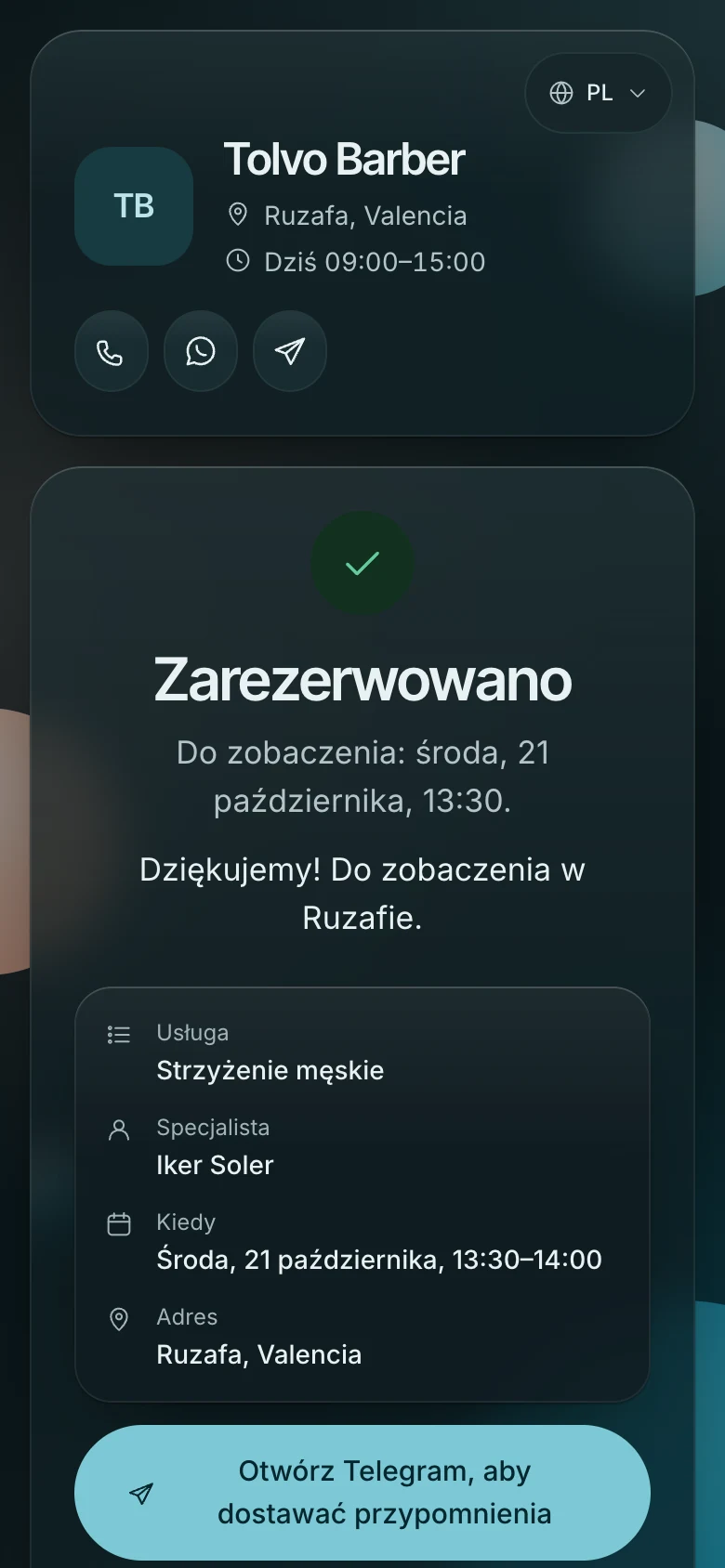 Ekran „Zarezerwowano”: usługa, barber, godzina, adres i przycisk przypomnień w Telegramie