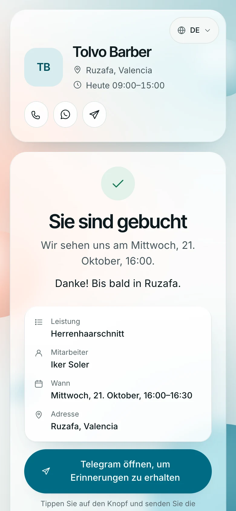 Der Bildschirm „Sie sind gebucht“: Leistung, Barbier, Uhrzeit, Adresse und ein Button für Erinnerungen per Telegram
