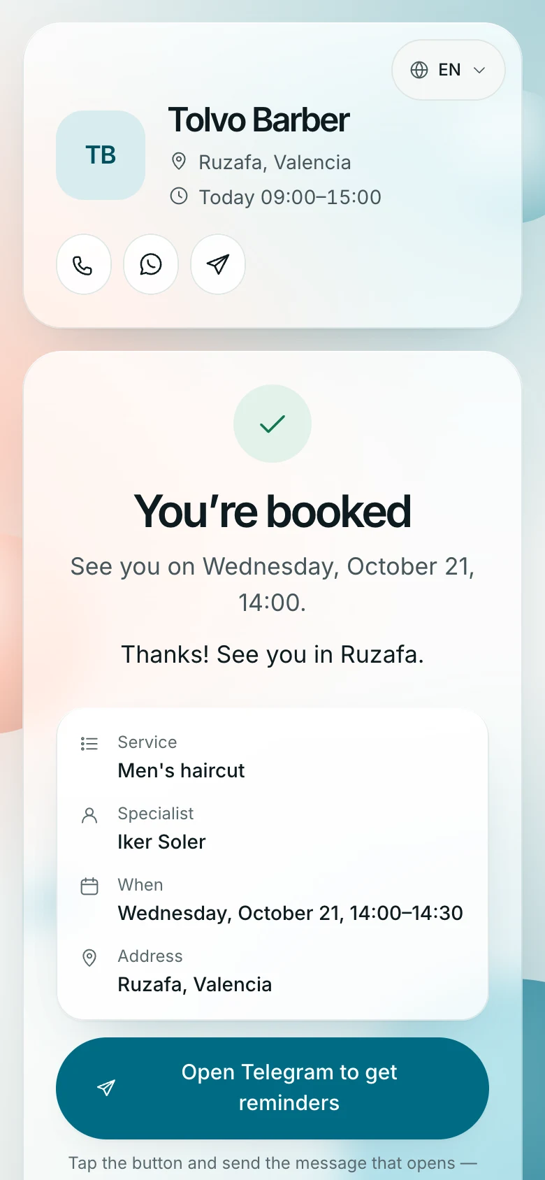 The “You’re booked” screen: service, barber, time, address and a button for reminders in Telegram