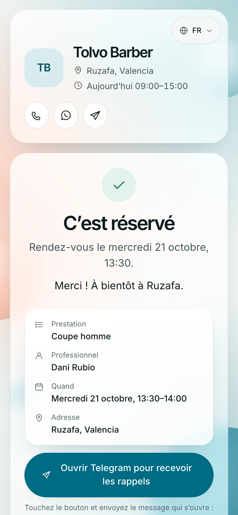 L’écran « C’est réservé » : prestation, barbier, heure, adresse et un bouton pour les rappels sur Telegram