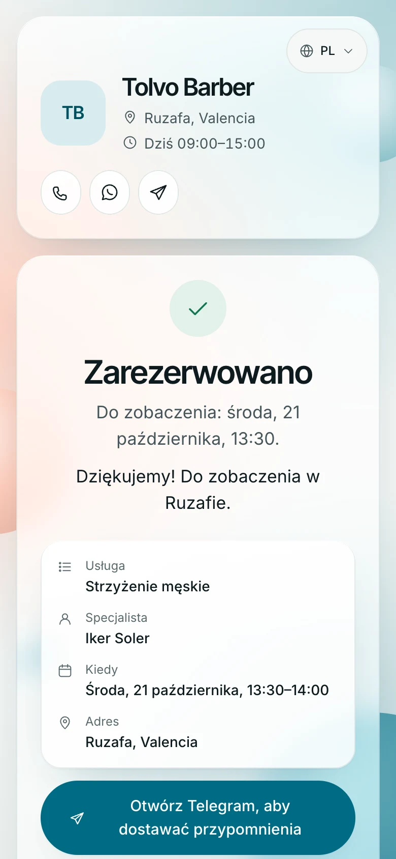 Ekran „Zarezerwowano”: usługa, barber, godzina, adres i przycisk przypomnień w Telegramie
