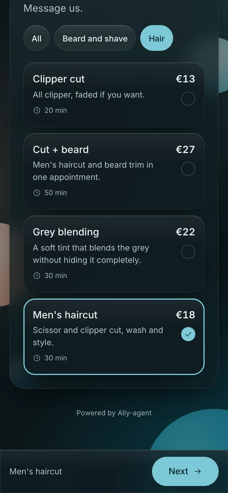 A barbershop's booking page on a phone: services with prices, a men's haircut picked