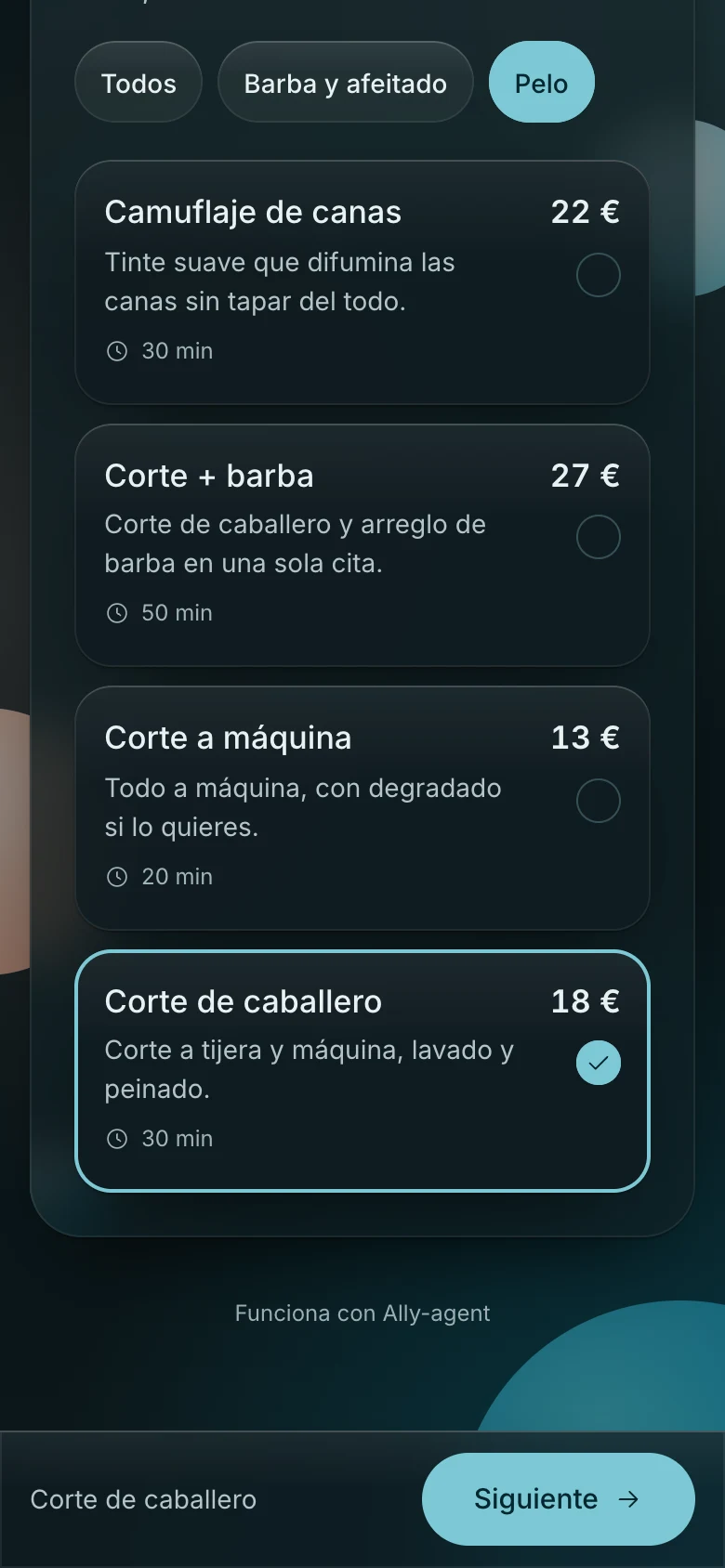 Página de reservas de una barbería en el móvil: servicios con precios, corte de caballero elegido