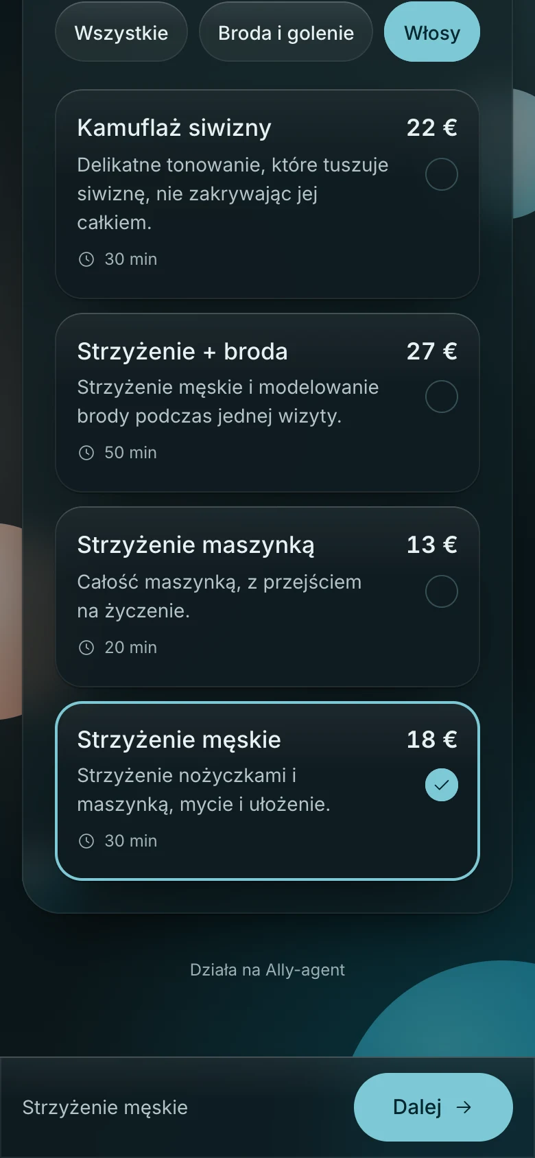Strona rezerwacji barbera w telefonie: usługi z cenami, wybrane strzyżenie męskie