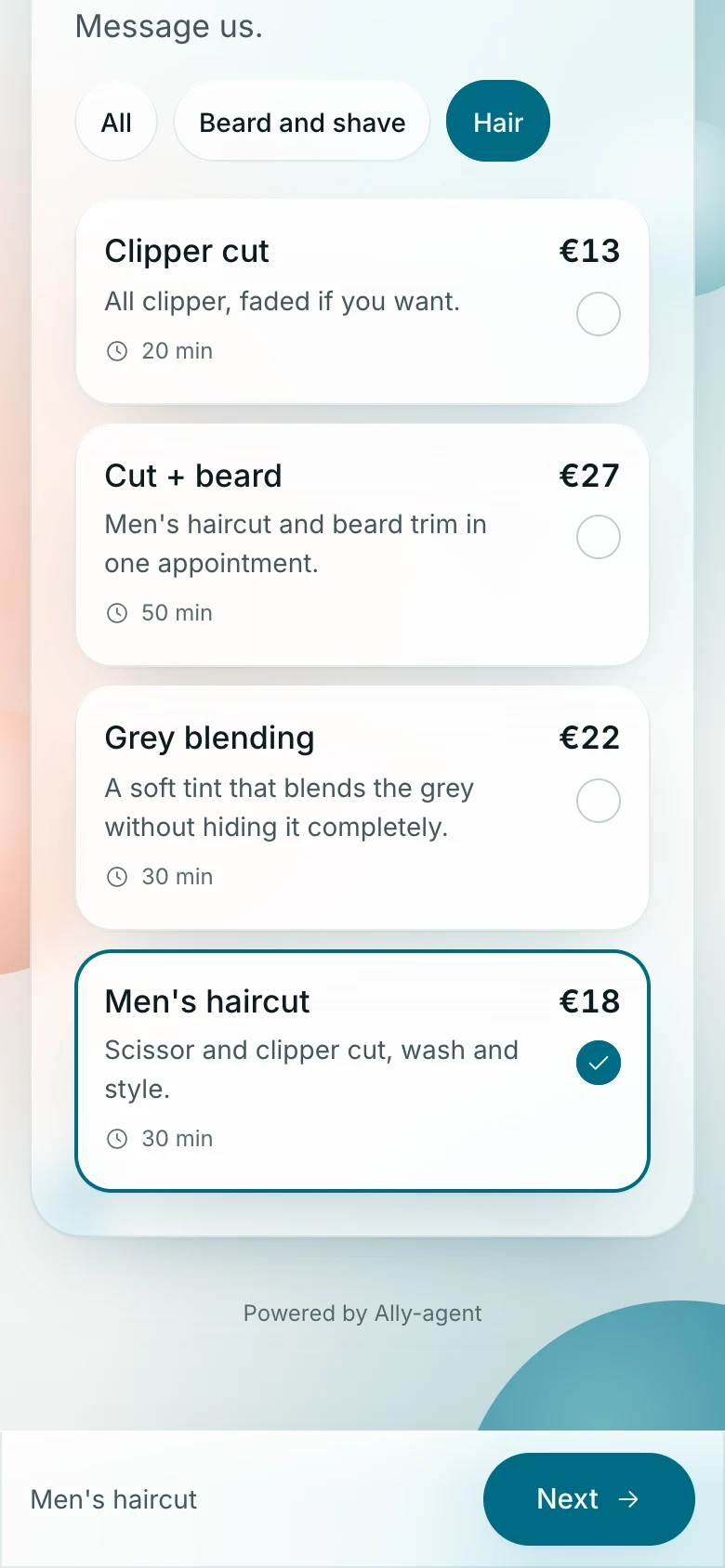 A barbershop's booking page on a phone: services with prices, a men's haircut picked