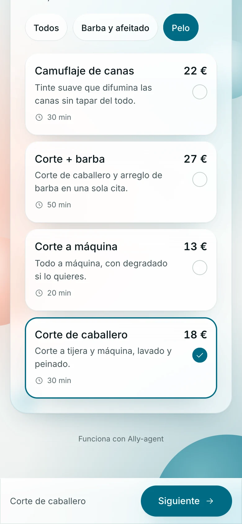 Página de reservas de una barbería en el móvil: servicios con precios, corte de caballero elegido