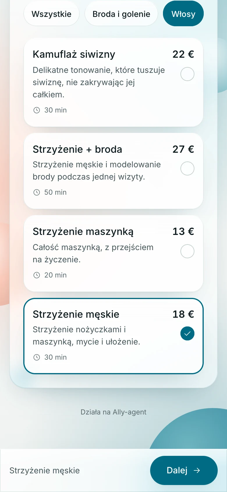 Strona rezerwacji barbera w telefonie: usługi z cenami, wybrane strzyżenie męskie