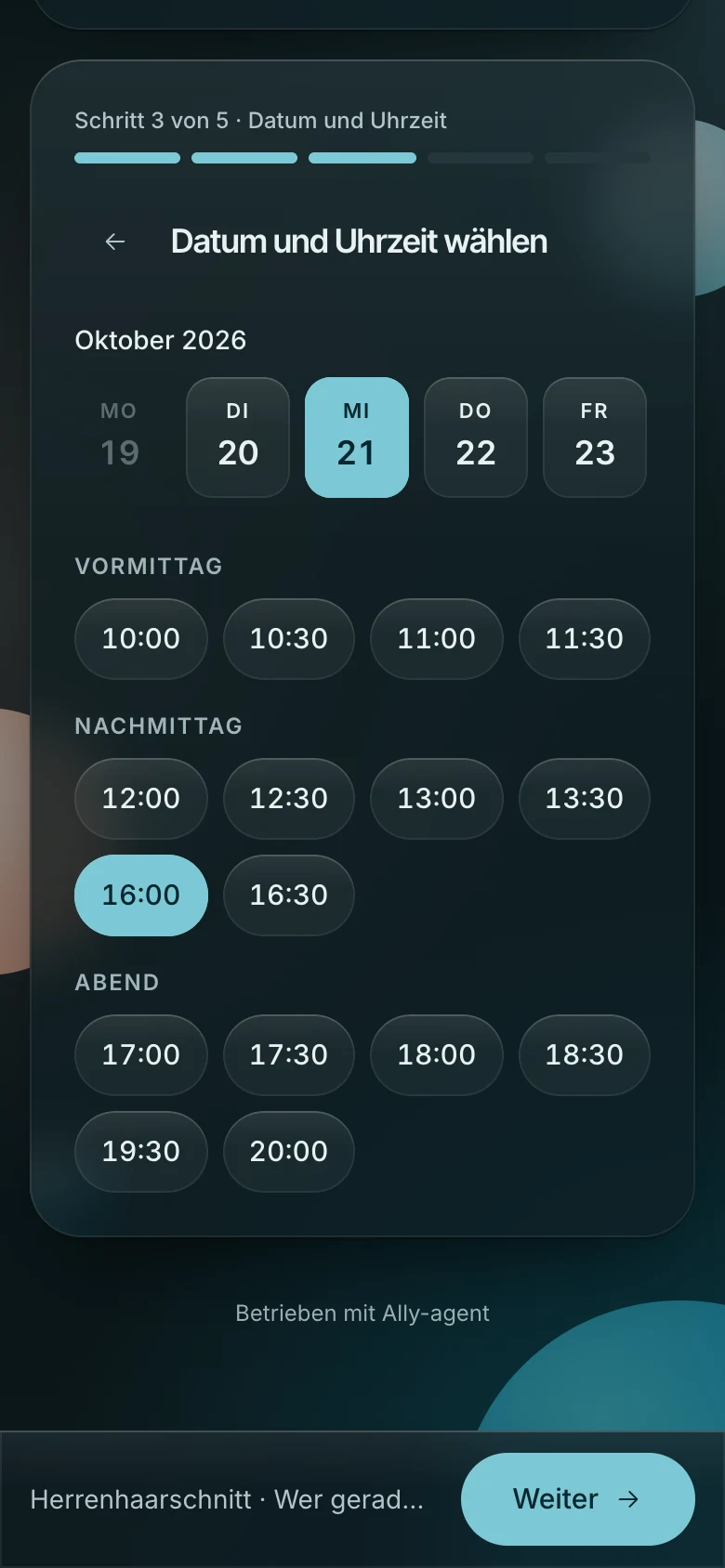 Tag und Uhrzeit wählen: Für den gewählten Tag werden nur freie Zeiten gezeigt