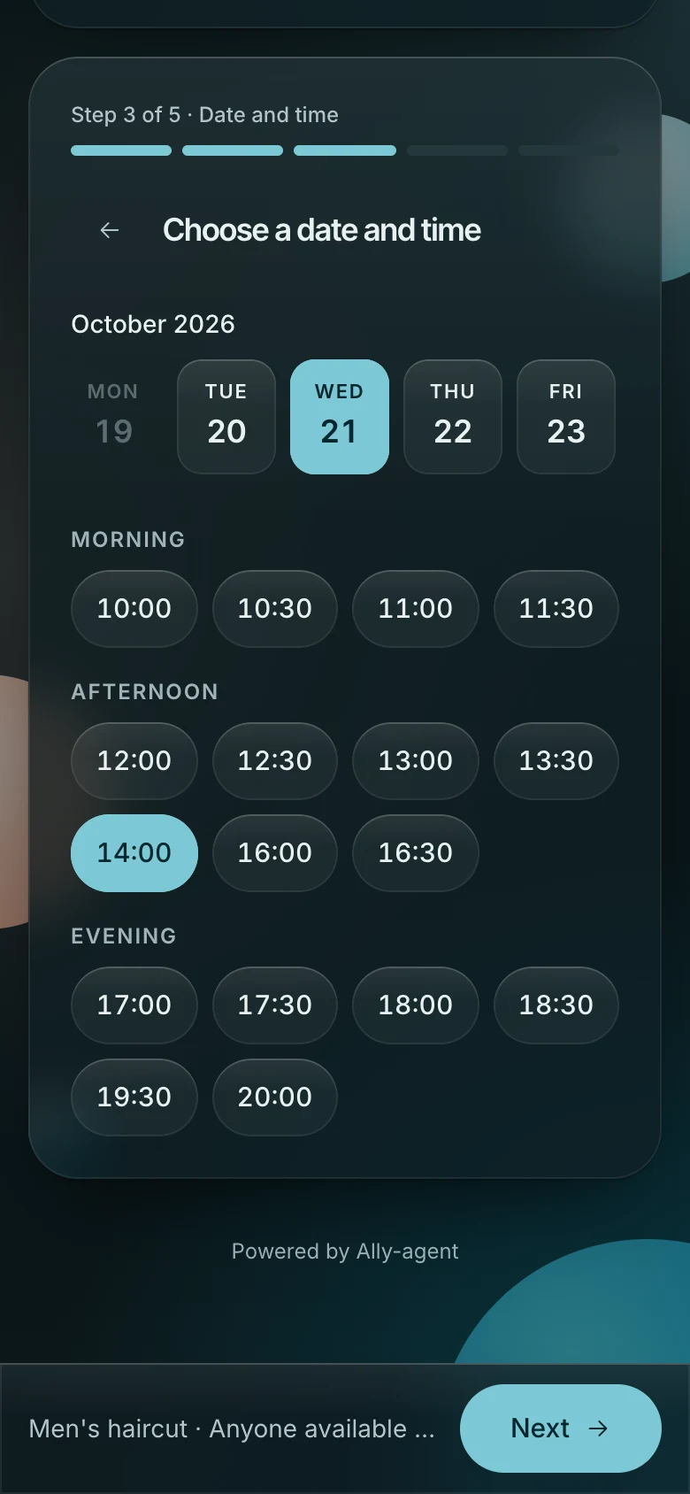 Choosing the day and time: only the free times of the chosen day are shown