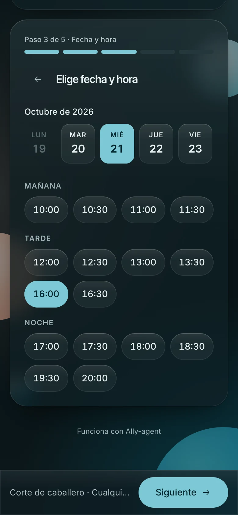 Elección de día y hora: solo se muestran las horas libres del día elegido