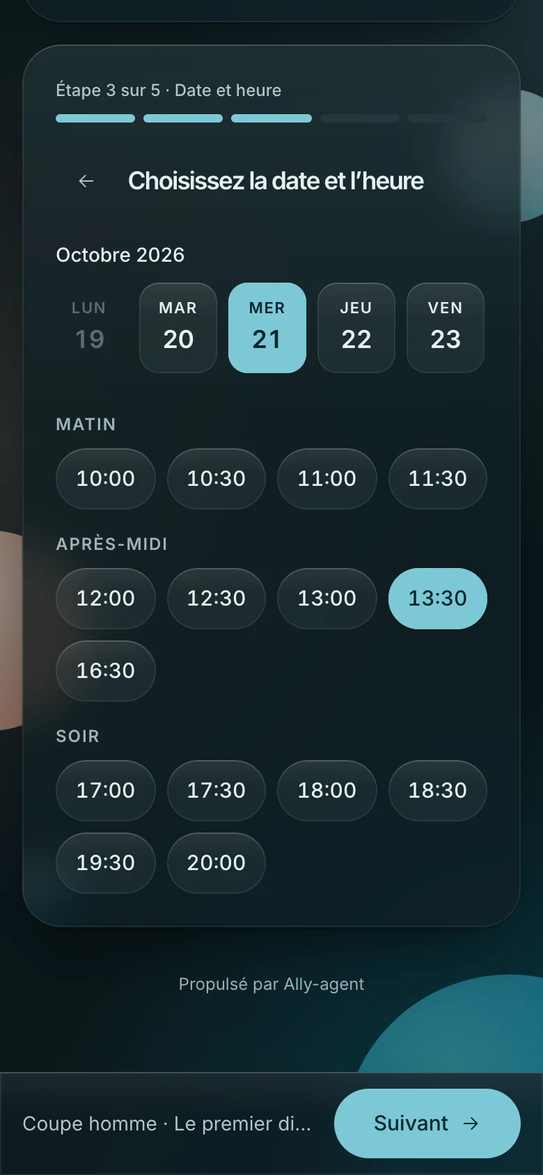 Choix du jour et de l’heure : seuls les créneaux libres du jour choisi sont affichés