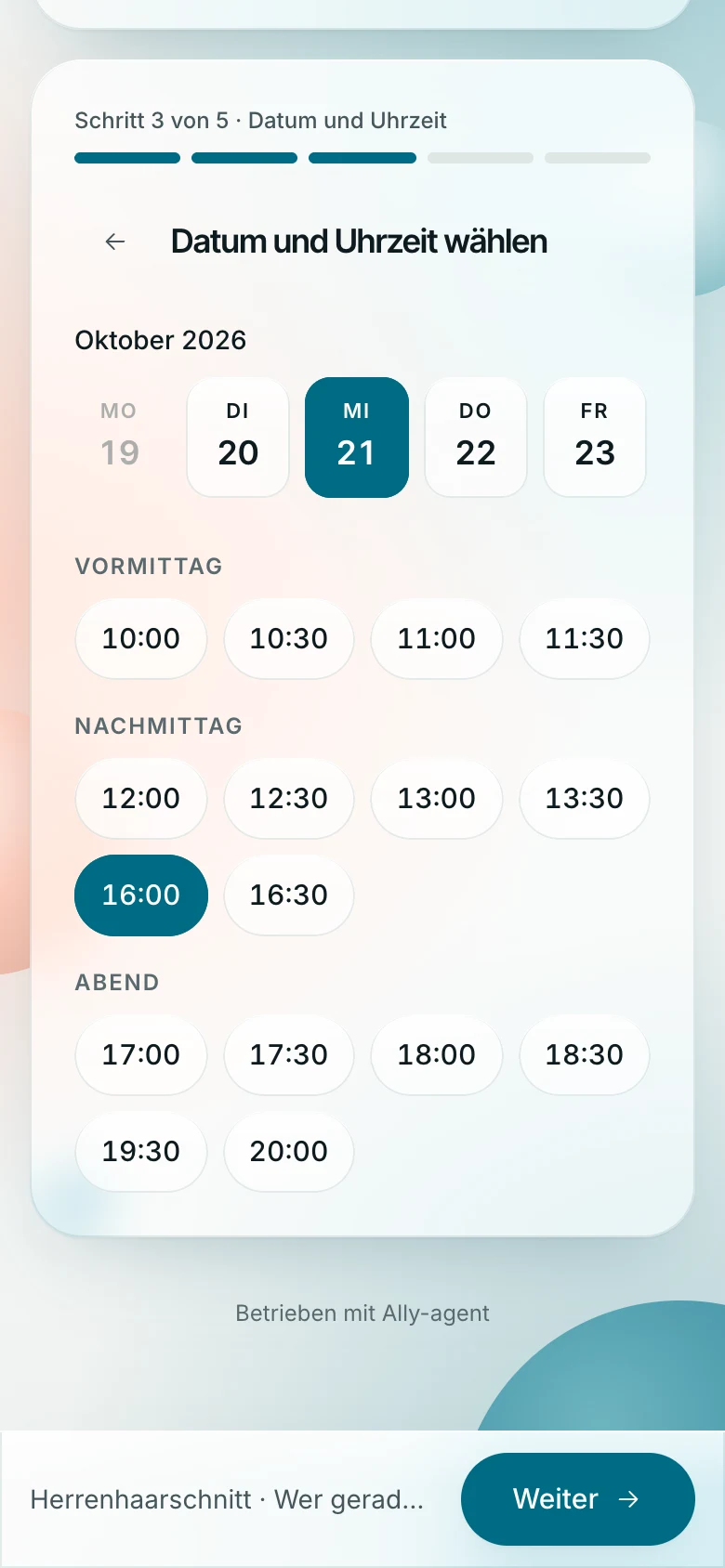Tag und Uhrzeit wählen: Für den gewählten Tag werden nur freie Zeiten gezeigt