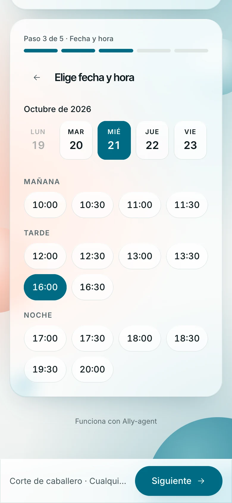 Elección de día y hora: solo se muestran las horas libres del día elegido