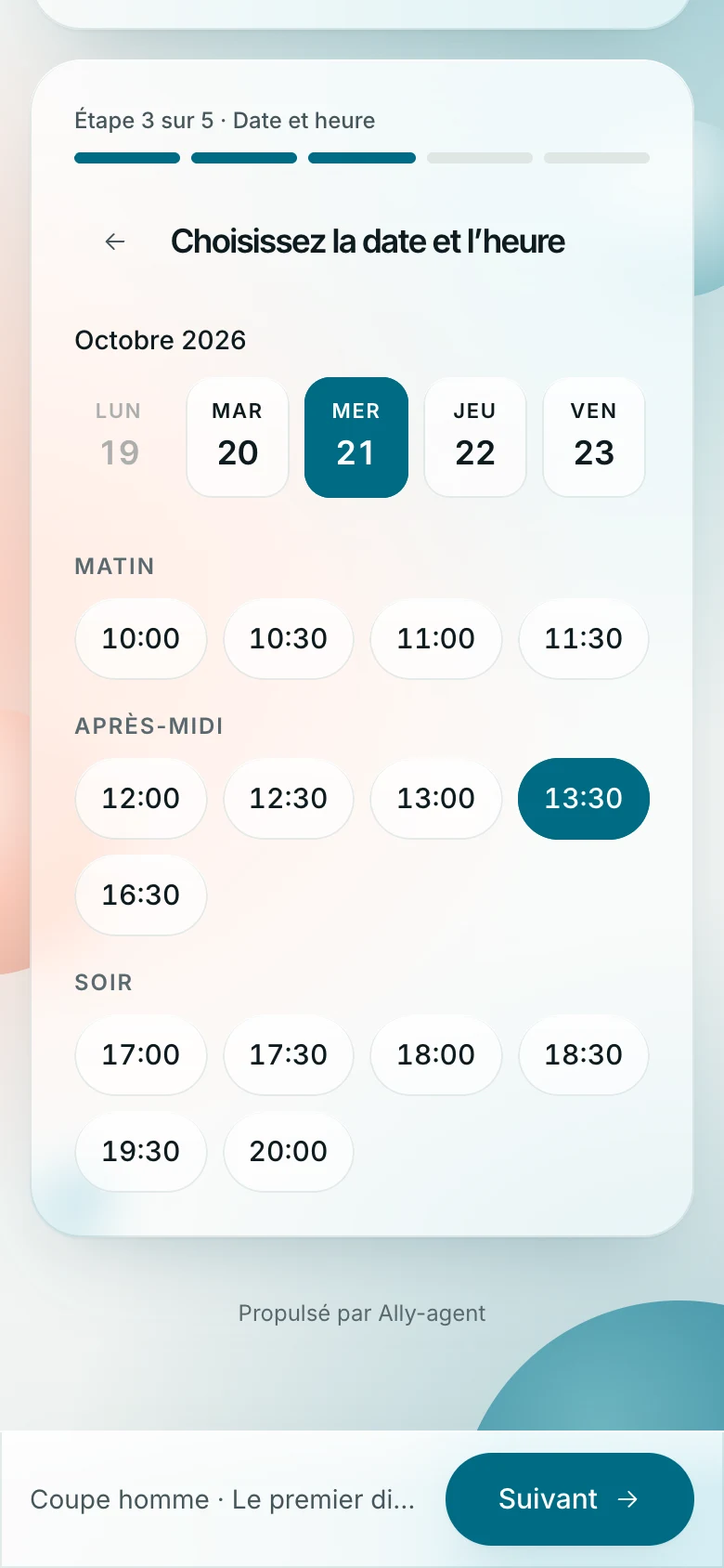 Choix du jour et de l’heure : seuls les créneaux libres du jour choisi sont affichés