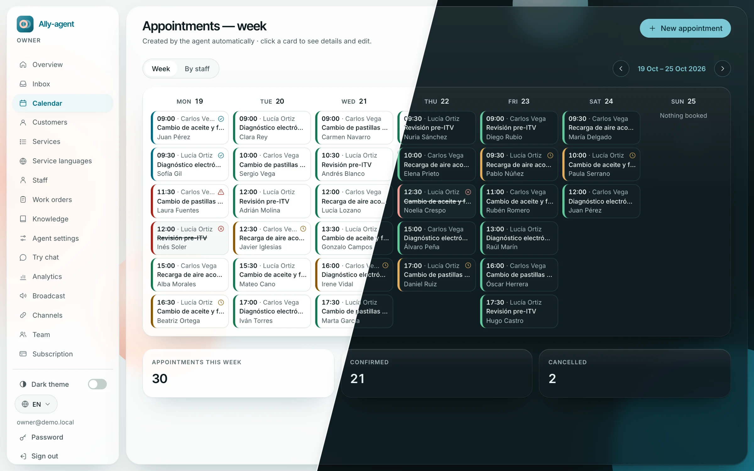 The Ally-agent appointment calendar on a laptop: the week of 19–25 October with 32 appointments; each shows time, staff member, service and customer, and its status by colour and icon: done, confirmed, waiting for confirmation, cancelled, no-show. The frame is split diagonally: light theme on the left, dark on the right.