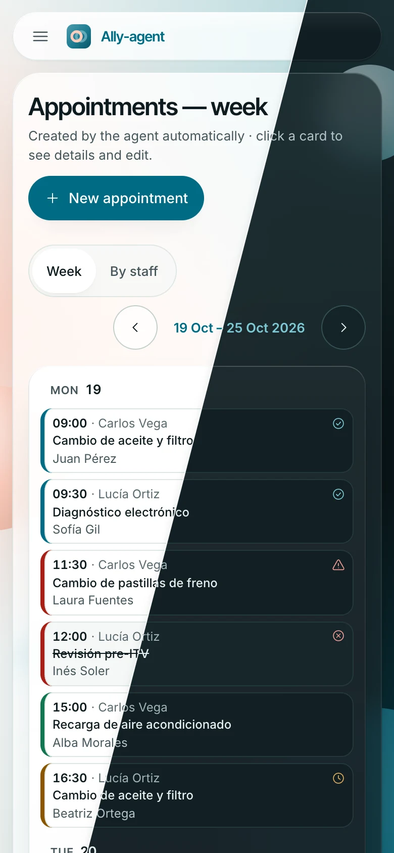 The same calendar on a phone: Monday's appointments, one per row, with the same status colours and icons. The frame is split diagonally: light theme on the left, dark on the right.