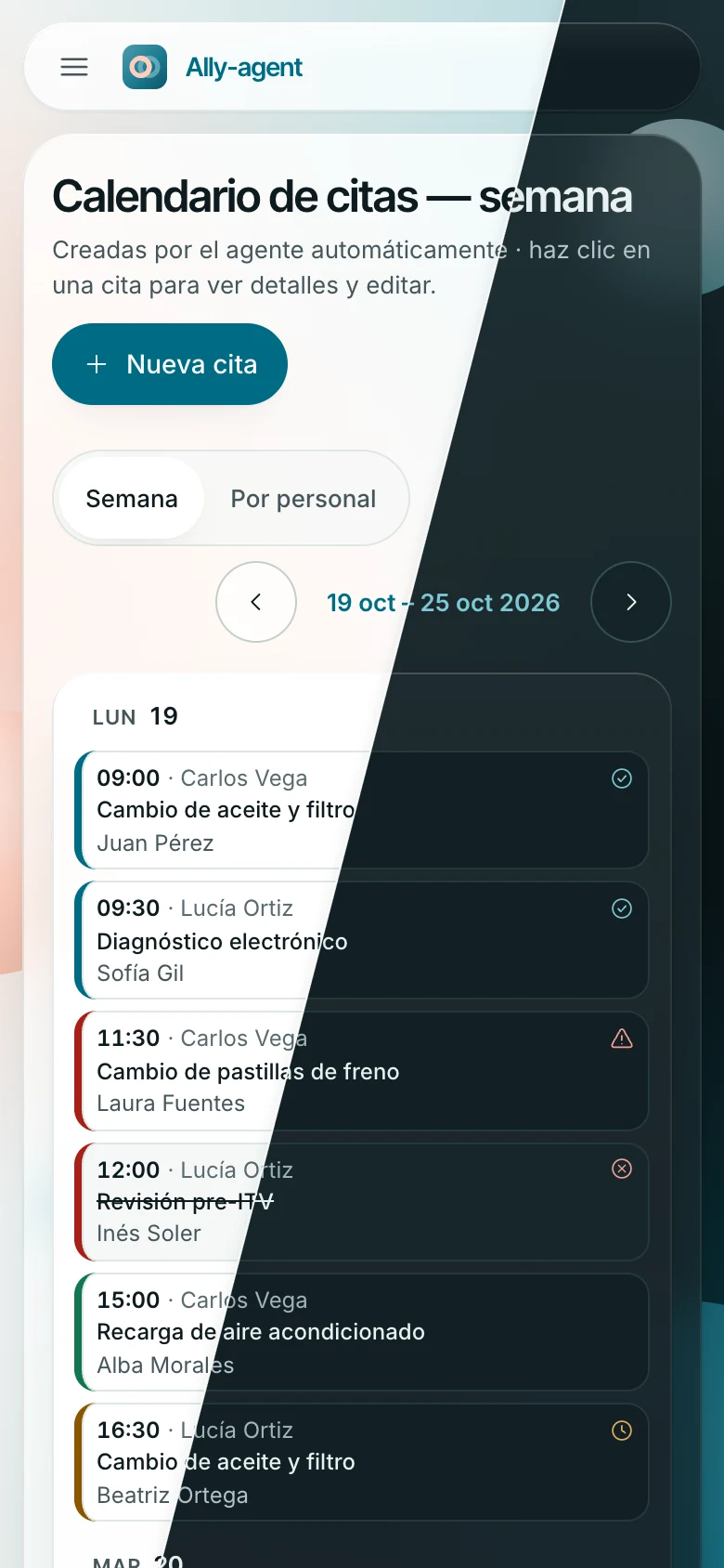 El mismo calendario en el móvil: las citas del lunes, una por fila, con los mismos colores e iconos de estado. La imagen está dividida en diagonal: a la izquierda el tema claro, a la derecha el oscuro.